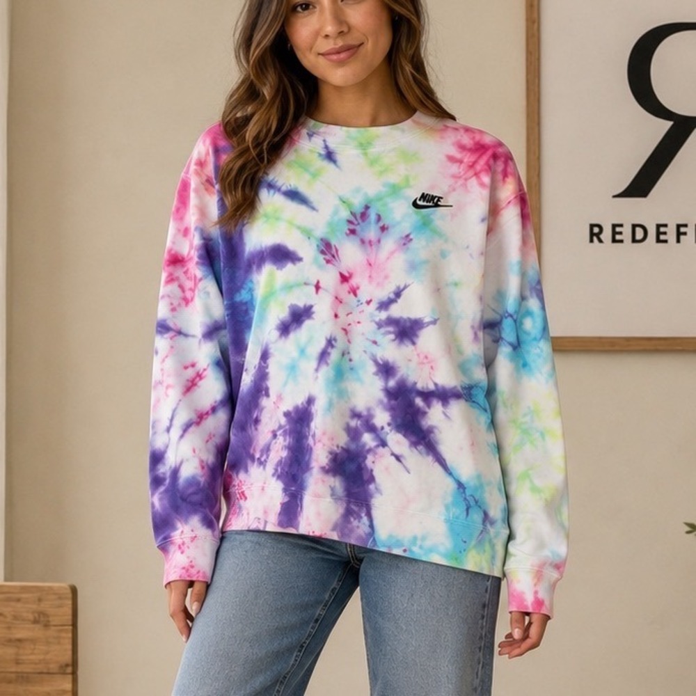 Nike Women Tie Dye Crewneck Sweatshirt XL Multicolor Fleece Pullover Logo